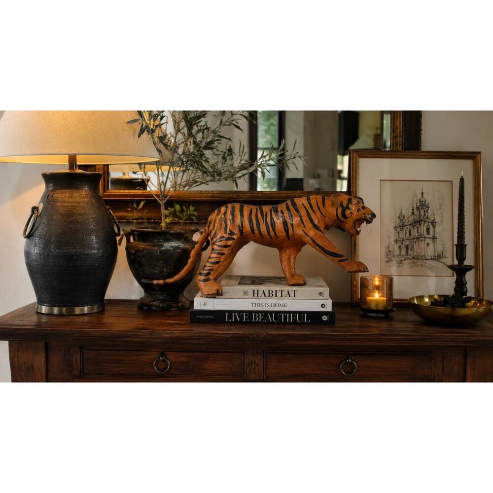 60’s vintage leather-wrapped paper mache tiger sculpture